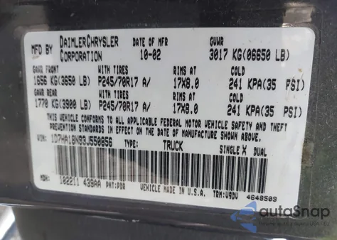 2003 Dodge Ram 1500 Slt/Laramie/St из США, поврежденный, VIN 1D7HA18N93J550856